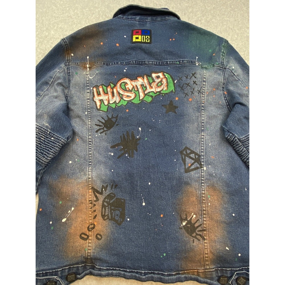 Demo Lition Jacket Mens XL Blue Denim Graffiti Biker NO CAP HUSTLE Art Street - Picture 13 of 16